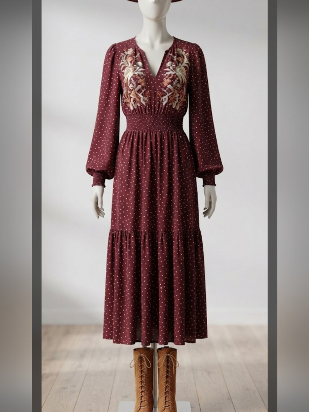 Women's Burgundy Long Sleeve Boho Maxi Dress - Picture 14 of 14
